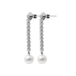 Aretes Largos Oro Blanco 14k con Diamantes y Perla