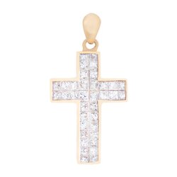 Dije De Cruz En Oro 18k Con Diamantes Corte Princesa