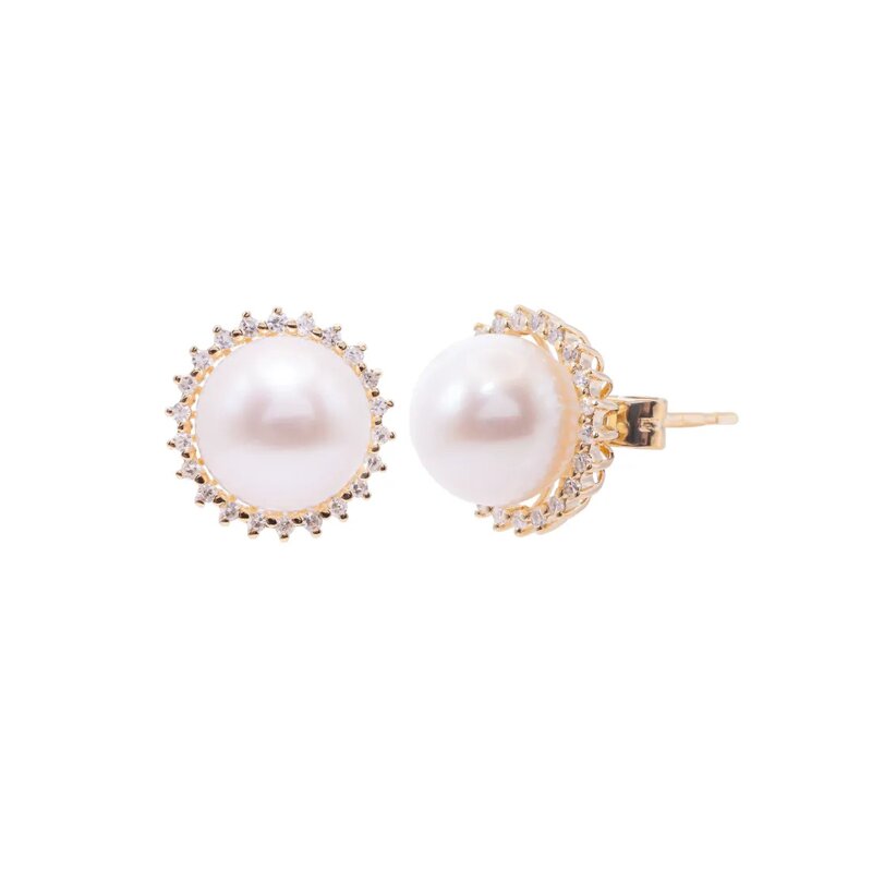 Aretes Oro Amarillo 14k Estilo Broquel con Perlas